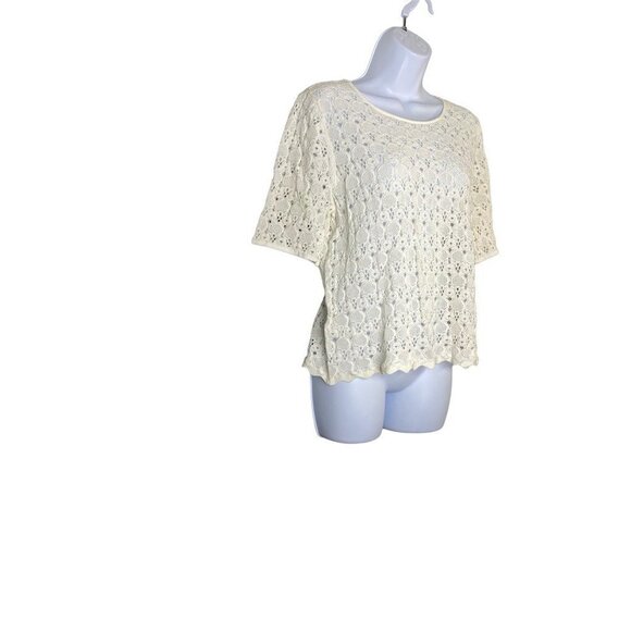 Loft Womens Blouse White Geometric Crochet Short Sleeve Scalloped Pullover M New - Picture 3 of 8
